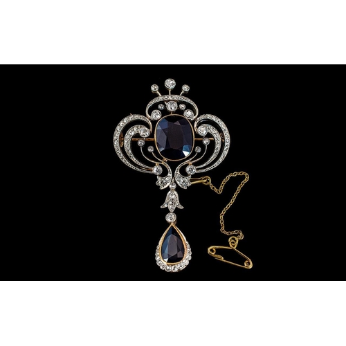 12 - Antique Period Stunning Ladies 18ct Gold and Platinum Diamond and Sapphire Set Brooch with Drop and ... 