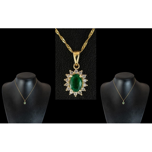 133 - Ladies 14ct Gold Diamond and Emerald Set Cluster Pendant Drop, Attached to a 14ct Gold Chain. Both P... 