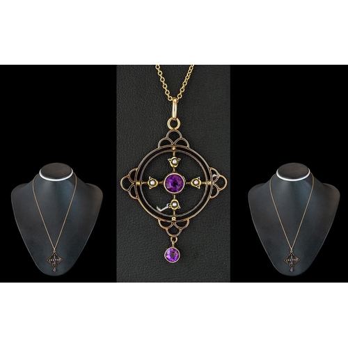 139 - Victorian Period - Attractive 9ct Gold Amethyst and Seed Pearl Set Open worked Pendant with Attached... 