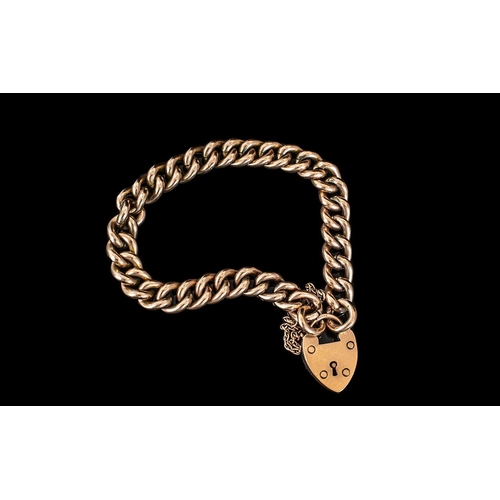 145 - Edwardian Period - Attractive Warm Coloured 9ct Gold Curb Bracelet with Heart Shaped Padlock / Safet... 