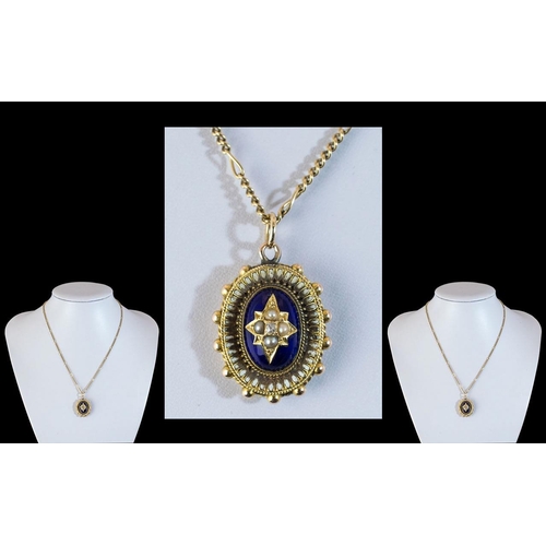 15 - Antique Period - Superb and Pleasing Designed 18ct Gold Blue Enamel and Seed Pearl Set Pendant, Atta... 