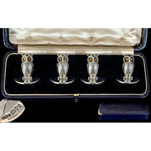 150 - Antique Period Wonderful Boxed Set of ( 4 ) Sterling Silver Figural Menu Holders, In the Form of Owl... 