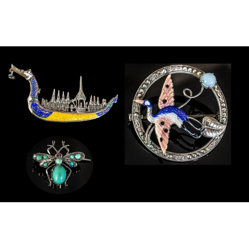 153 - A Fine Trio of Antique and Vintage Brooches. Comprises 2 Sterling Silver and Enamel Brooches ( Exqui... 