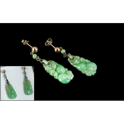 161 - 18ct Gold and Jade Set Attractive Pair of Drop Earrings. Jade of Good Colour. Sizes 1.5/8 Inches Dro... 