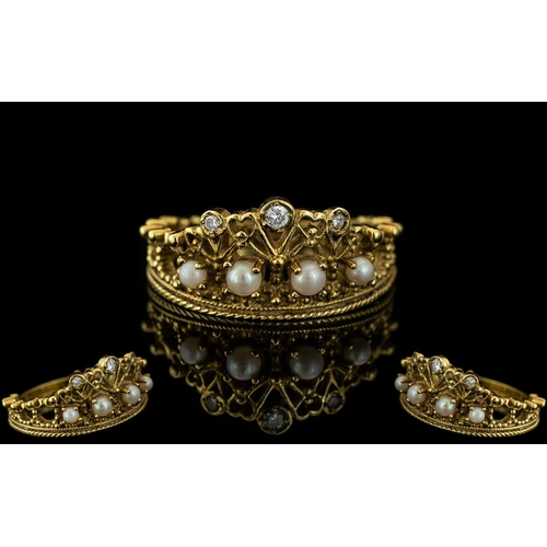 17 - Elizabeth II Superb 18ct Gold Tiara Ring. Set with Diamond & Pearls, Designed by Stuart Delvin. Wond... 