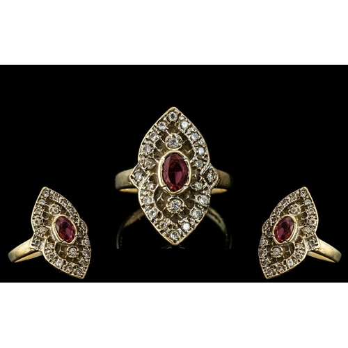 179 - Antique Ladies - Attractive 9ct Gold Garnet and Diamond Set Dress Ring ( Marquise Shaped ) Full Hall... 