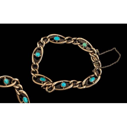 182 - Antique Period - Pleasing 9ct Gold Turquoise Set Bracelet with Safety Chain. c.1890's. Pave Set Turq... 