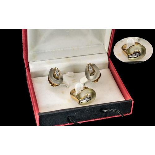 185 - Set of - 14ct Gold Rock Crystal & Diamond Set Earrings & Ring. Earrings ( Clip ) All Stamped 14ct.