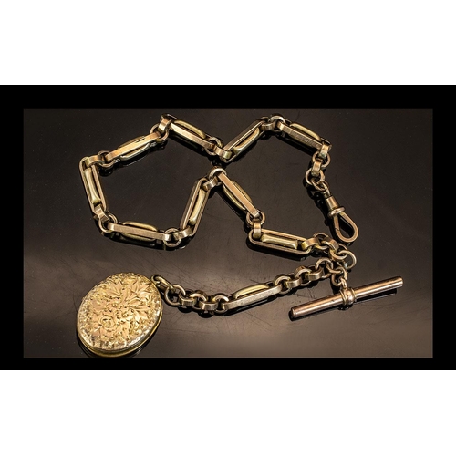 187 - Antique Period 9ct Albert Chain with T-Bar and Attached 9ct Gold Oval Shaped Locket. Both Albert Cha... 