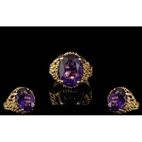 190 - Ladies 9ct Gold Attractive Single Stone Amethyst Set Ring. Naturalistic Shank, Full Hallmark for 9.3... 