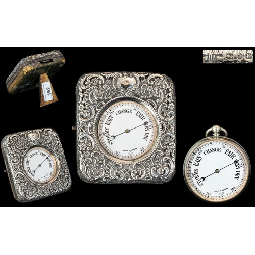 192 - Victorian Period Sterling Silver Pocket Watch Size Barometer in an embossed sterling silver and leat... 