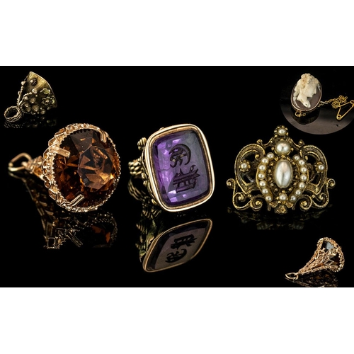 204 - Antique Period Assorted 9ct Gold Items ( 4 ) Items In Total. Comprises 1/ 9ct Gold Topaz Set Fob, Fu... 