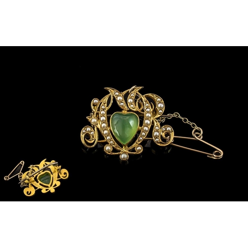 214 - Victorian Period Exquisite 18ct Gold - Green Jade and and Seed Pearl Set Ornate Small Brooch with Sa... 