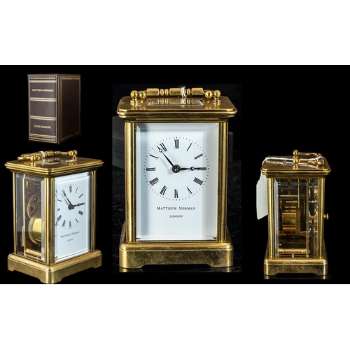 216 - Matthew Norman 1754 Good Quality Polished Brass Carriage Clock ( Heavy ) With White Porcelain Dial, ... 