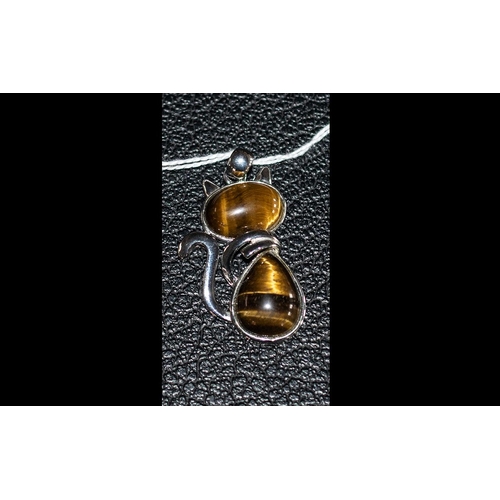 222R - Tigers Eye White Metal Pendant Modelled as a Cat.