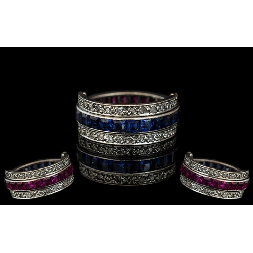 225 - Ladies 18ct White Gold Flipover Two Section Diamond/Sapphire/Ruby Ring, converts to diamond/sapphire... 