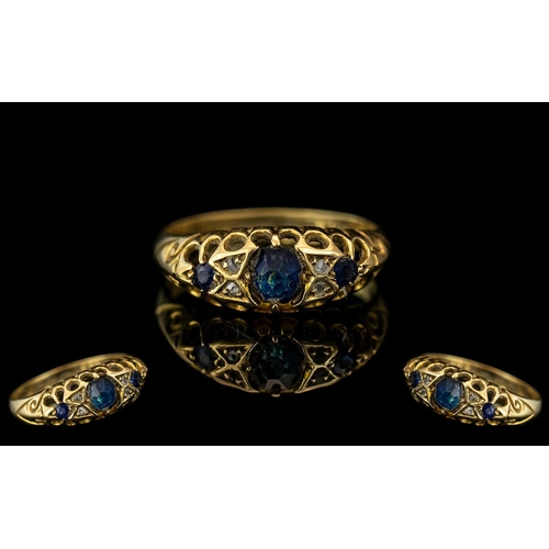 227 - Antique Period Attractive Blue Sapphire and Diamond Set Ring, ornate gallery setting, pleasing desig... 