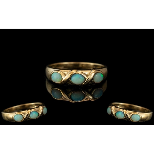 228 - Antique Period Attractive 9ct Gold 3 Stone Opal Set Ring.  The 3 pave set Opals are well matched and... 