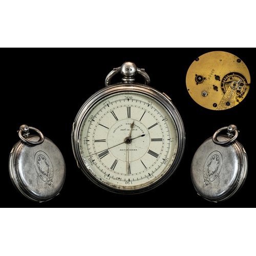 236 - Victorian Period - Large Sterling Silver Marine Open Faced Decimal Chronograph Pocket Watch. Movemen... 