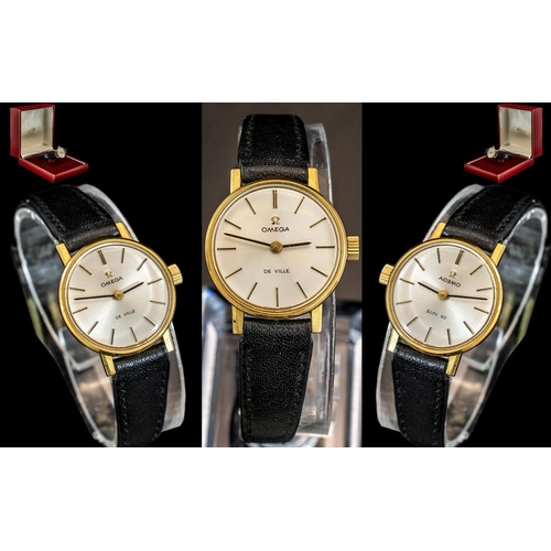 238 - Omega - Deville Ladies Gold-on-Steel Mechanical Wind Wrist Watch. With Black Leather Watch Strap. Fe... 