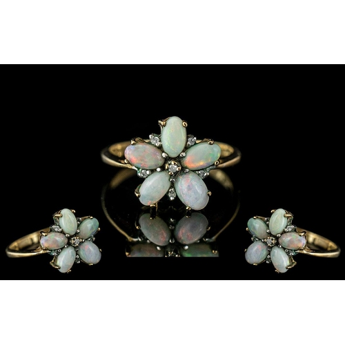 25 - Edwardian Period - Attractive Flower head Design - Ladies 9ct Gold Opal and Diamond Set Ring. Hallma... 