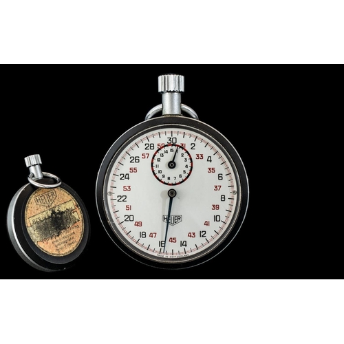 254 - Heuer Early Steel and Hard Rubber Stopwatch with White Porcelain Dial. Antimagnetic, Lever 7 Jewels ... 