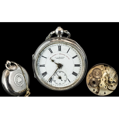 257 - J.G.Graves Signed - Key-wind Express English lever Sterling Silver Open Faced Pocket Watch with Whit... 