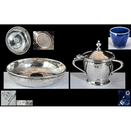 278 - Arts & Crafts Sterling Silver Planished Three Handled Lidded Mustard Pot, with Ruskin pot liner, sig... 