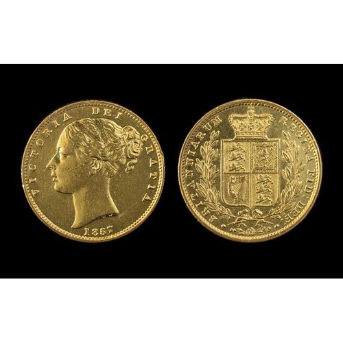 281 - Queen Victoria Young Head Shield Back 22ct Gold Full Sovereign.  Date 1857, excellent tone, good gra... 