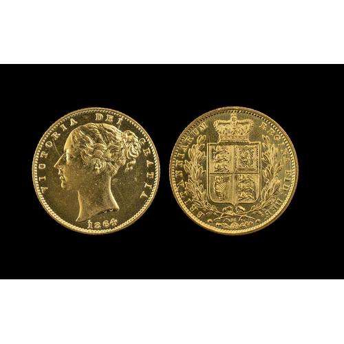 282 - Queen Victoria Young Head Shield Back 22ct Gold Full Sovereign.  Date 1864, die cast No. 91, excelle... 