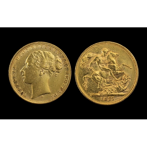 287 - Queen Victoria Young Head - St George 22ct Gold Full Sovereign.  Date 1877.  Melbourne Mint, good gr... 