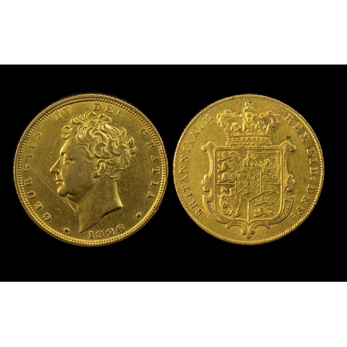 290 - George IV Shield Back 22ct Gold Full Sovereign, date 1826.  Superb tone, high grade.