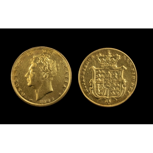 291 - George IV Shield Back 22ct Gold Full Sovereign.  Date 1826, good grade.