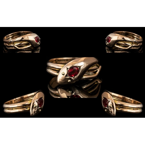 30 - Antique Period 9ct Gold Snake Ring with Ruby Eye with Full Hallmark. Hallmark Chester 1917. Ring Siz... 