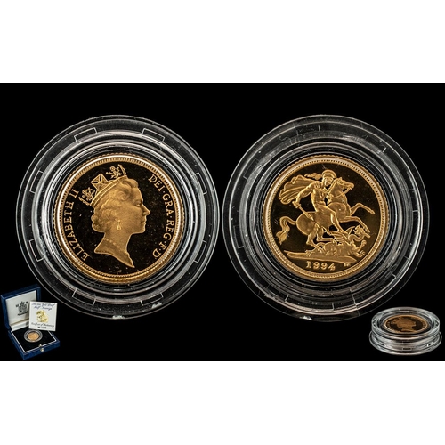 300 - Royal Mint Elizabeth II 22ct Gold Half Sovereign Proof Struck Coin - Date 1994. Weight 3.99 grams. W... 