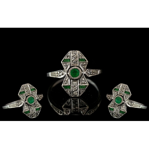 302 - Art Deco Style 9ct White Gold Diamond and Emerald Set Ring. Full Hallmark for 9.375. Ring Size N.