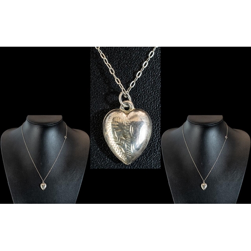 313 - Antique Silver Heart on Chain, heart with engraved pattern.