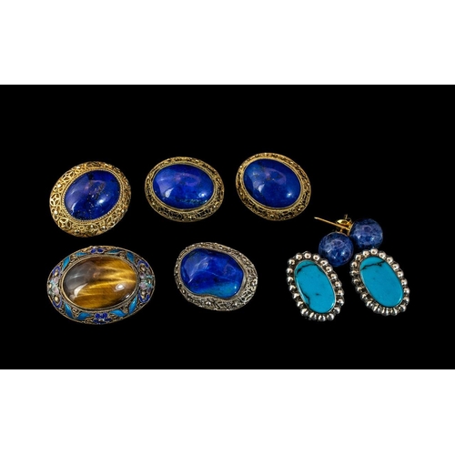 314 - Collection of Lapis Lazuli Jewellery. Comprises 5 Silver Stamped Brooches of Oval Designs + 2 Pair o... 