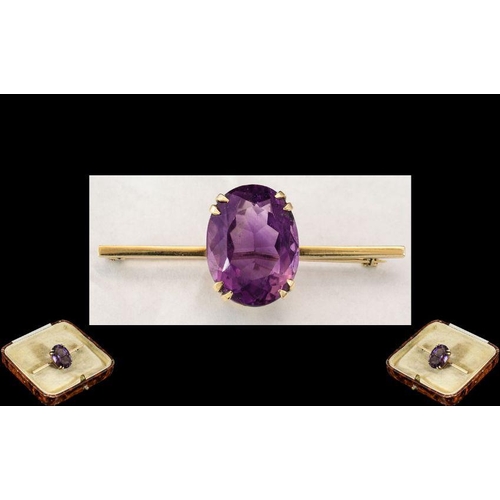 316 - Antique Period Attractive Large Amethyst Set Brooch. Marked 9ct. The Faceted Amethyst of Excellent C... 