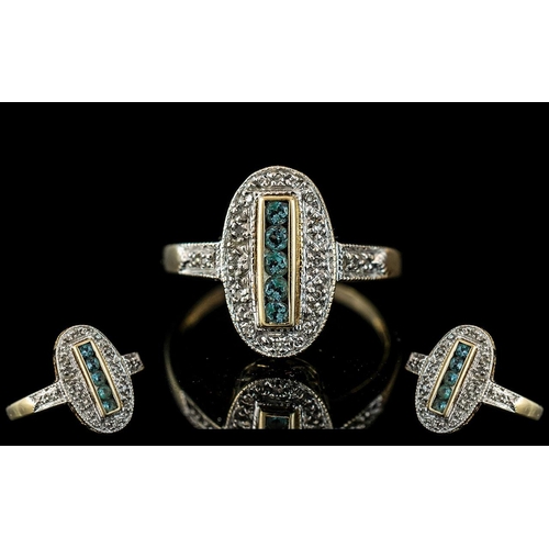 318 - Art Deco Style Ladies 9ct White Gold Diamond and Aquamarine Set Ring. Stamped 9.375 to Interior of S... 