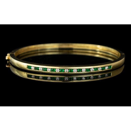 32 - 18ct Gold - Good Quality and Attractive Emerald and Diamond Set Hinged Bangle of Pleasing Design / P... 