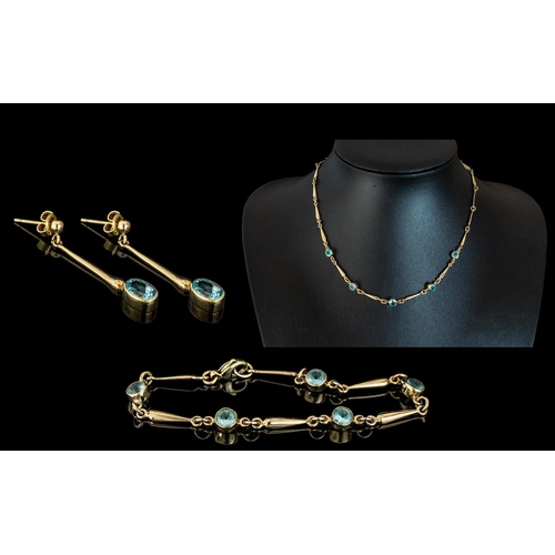 320 - Ladies 9ct Gold Attractive Aquamarine ( Blue ) Set Necklace, Bracelet and Matching Earrings ( 3 ) Pi... 