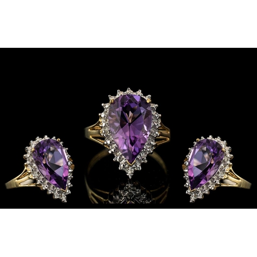 321 - Ladies 9ct Gold Attractive Diamond and Amethyst Set Ring. Full Hallmark for 9.375. The Pear Shaped A... 