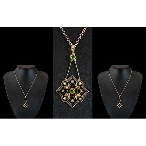 34 - Antique Period - Attractive 15ct Gold Pendant Drop. Set with Peridot and Seed Pearl, Attached to Lat... 