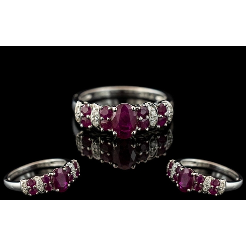 342 - Ladies 9ct White Gold - Attractive Ruby and Diamond Set Ring. Full Hallmark for 9.375. The Diamonds ... 