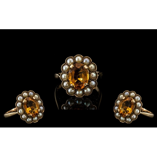 35A - Antique Period 18ct Gold Attractive Citrine Orange Faceted Stone and Seed Pearl Set Ring. The Orange... 