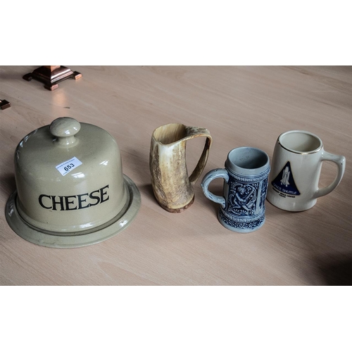 653 - Moira Stoneware Cheese Dome, together with three tankards, a Space Shuttle tankard from Kennedy Spac... 