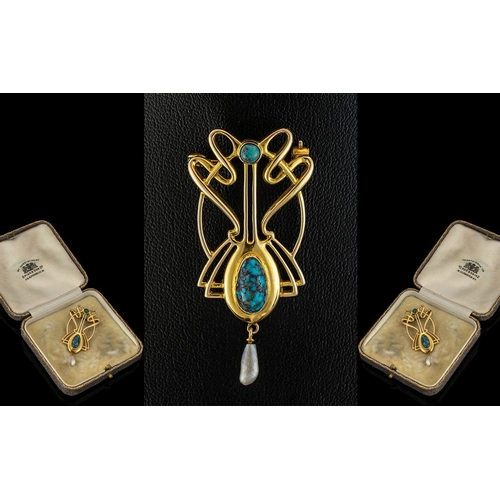 6A - Art Nouveau Stylish 15ct Gold Turquoise Set Brooch Pendant,  in true Art Deco design, with attached ... 