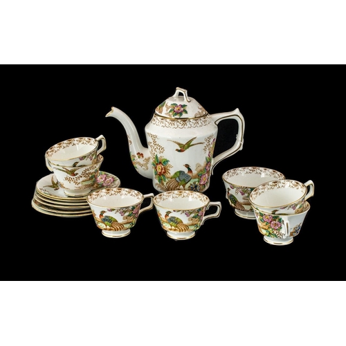 714 - Vintage Sutherland English Bone China Coffee Set Exotic design With Pheasants and Lake Scene. Compri... 