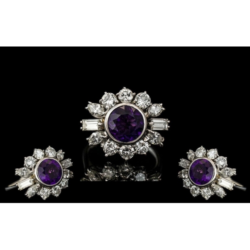 8 - Ladies - Superb Quality 18ct White Gold Diamond and Amethyst Set Dress Ring. The Central Faceted Ame... 